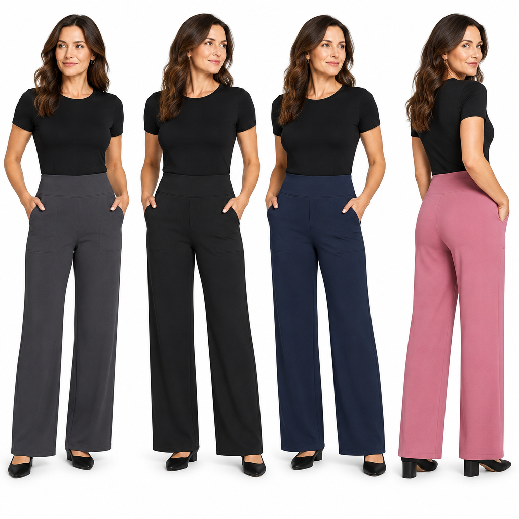 Woman modelling dark grey pull-on trousers