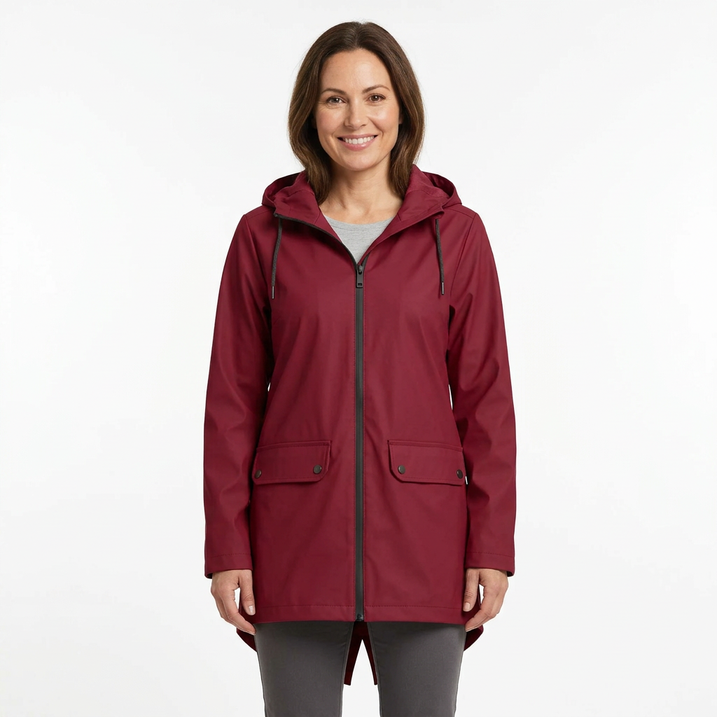 Woman modelling Wine Red hooded rain jacket
