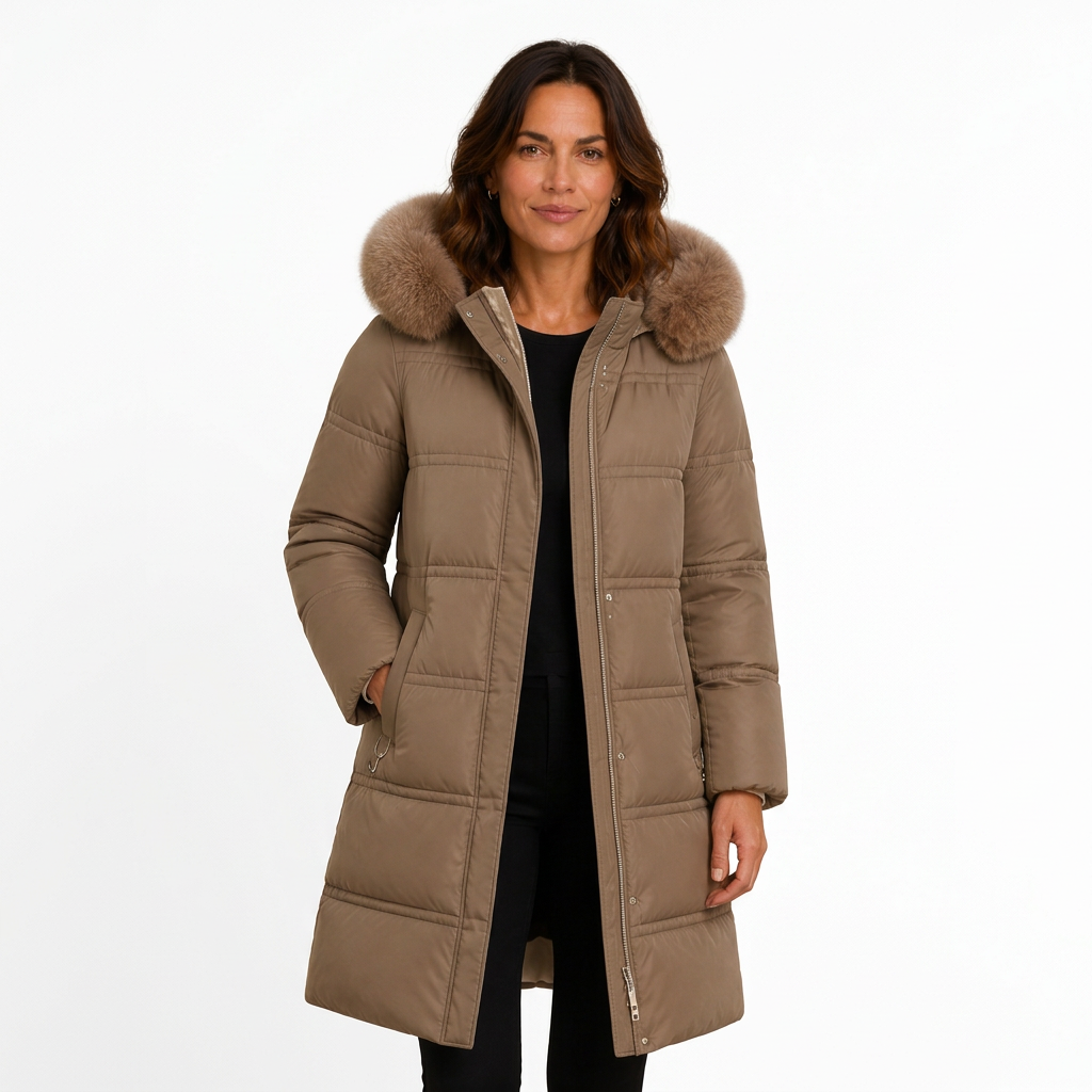 Brown fur-trimmed hood parka, front view on white background