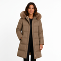 Brown fur-trimmed hood parka, front view on white background