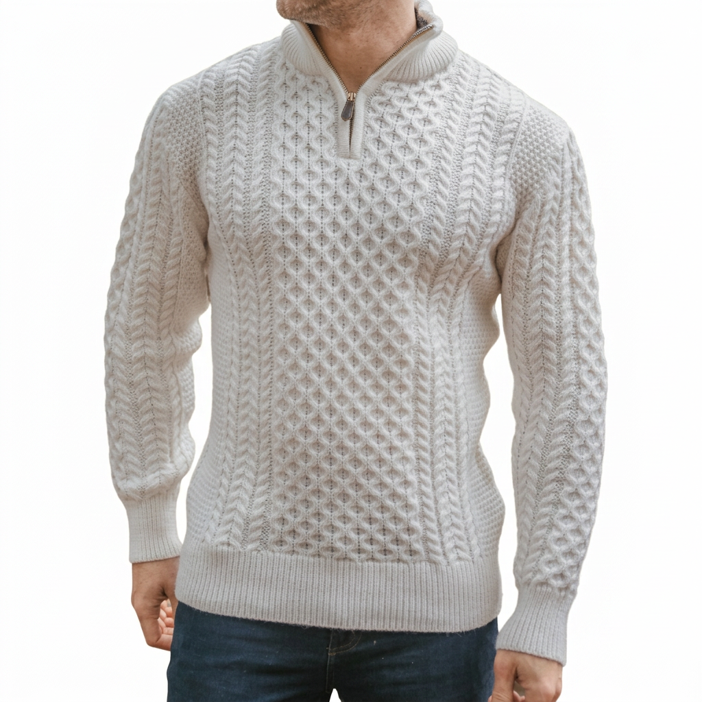 Men’s Half-Zip Jumper in Merino Wool with Aran Pattern for Warmth
