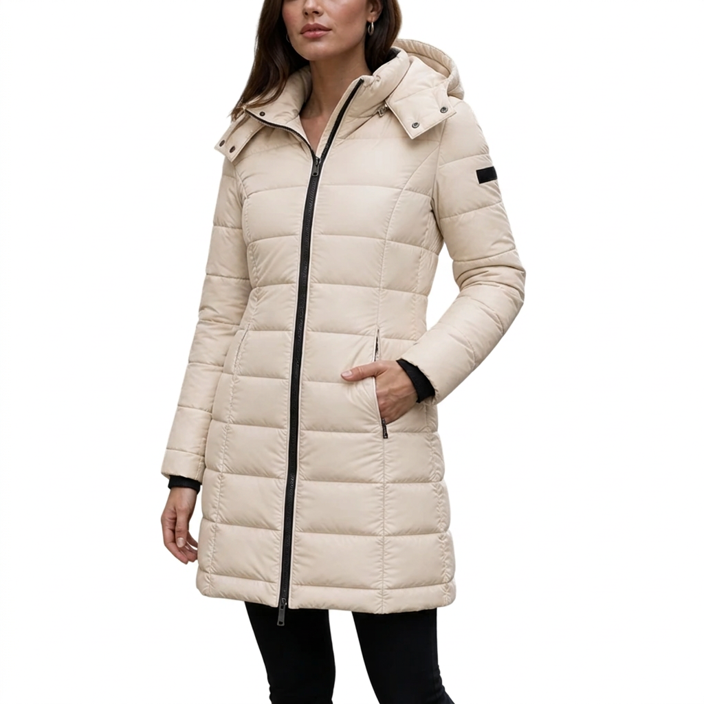 Women's Mid-Length Quilted Puffer Jacket with Detachable Hood