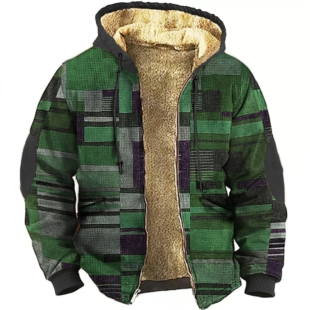 Green patchwork hooded jacket on white background