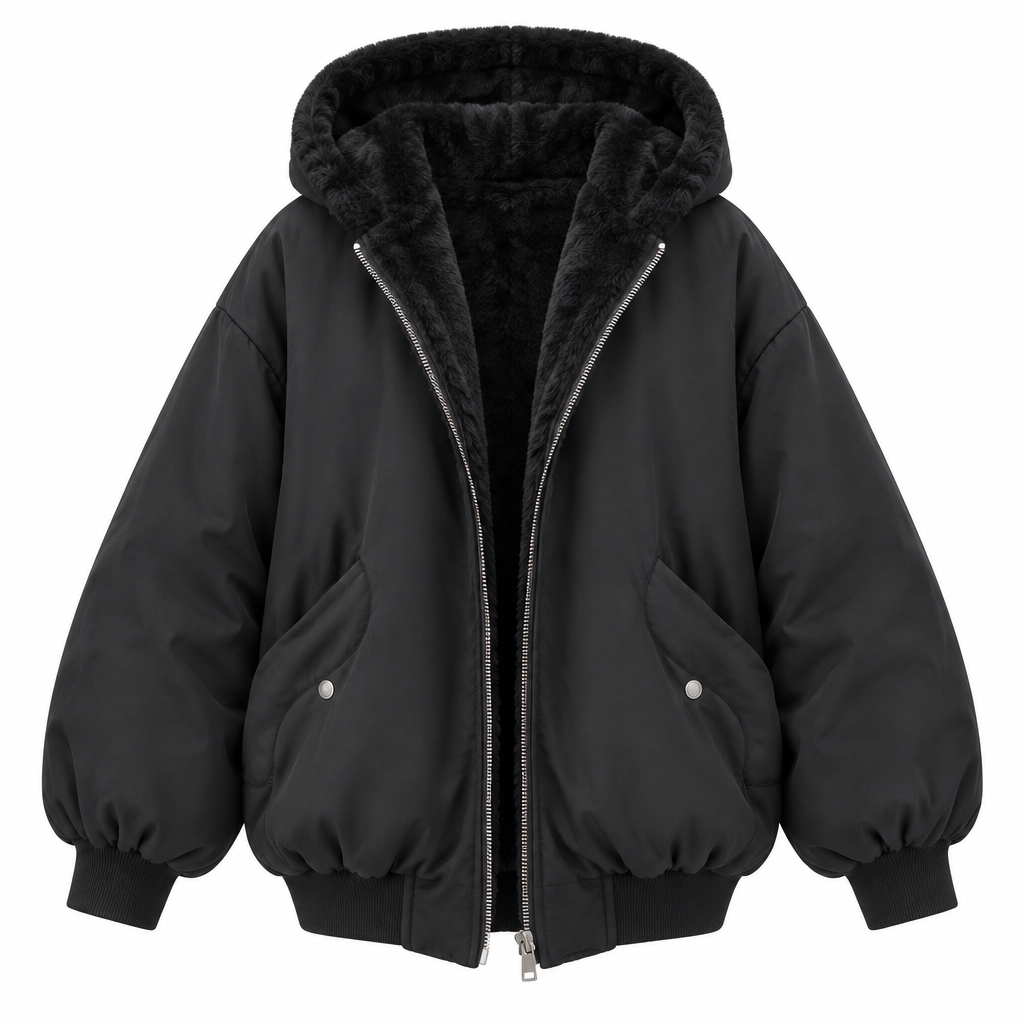 Black hooded puffer jacket on a white background