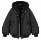 Black hooded puffer jacket on a white background