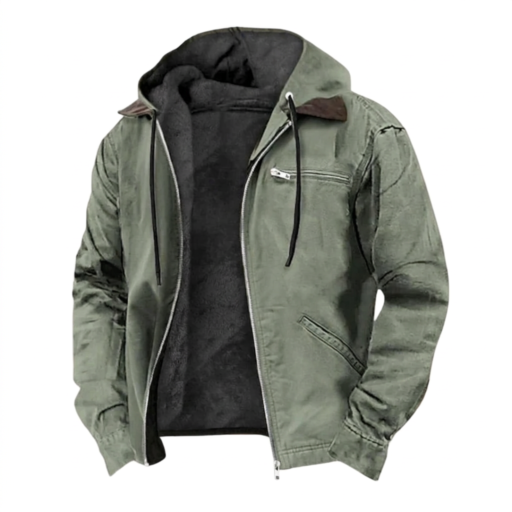 Men's Hooded Jacket with Zip Front and Drawstring Hood for Casual Wear