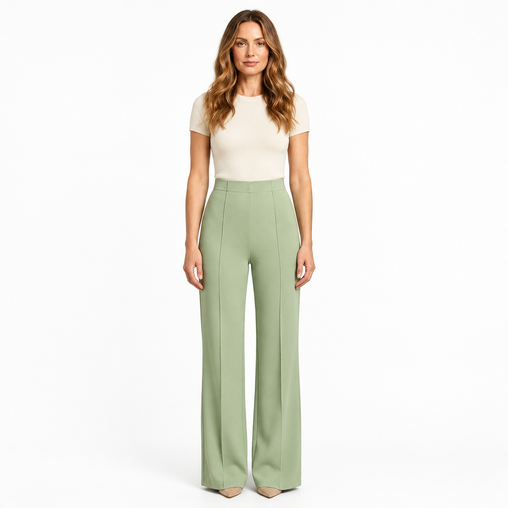 Woman modelling mint green wide-leg trousers on a white background