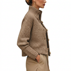 Women's Cropped Knit Cardigan with Stand Collar and Button Front
