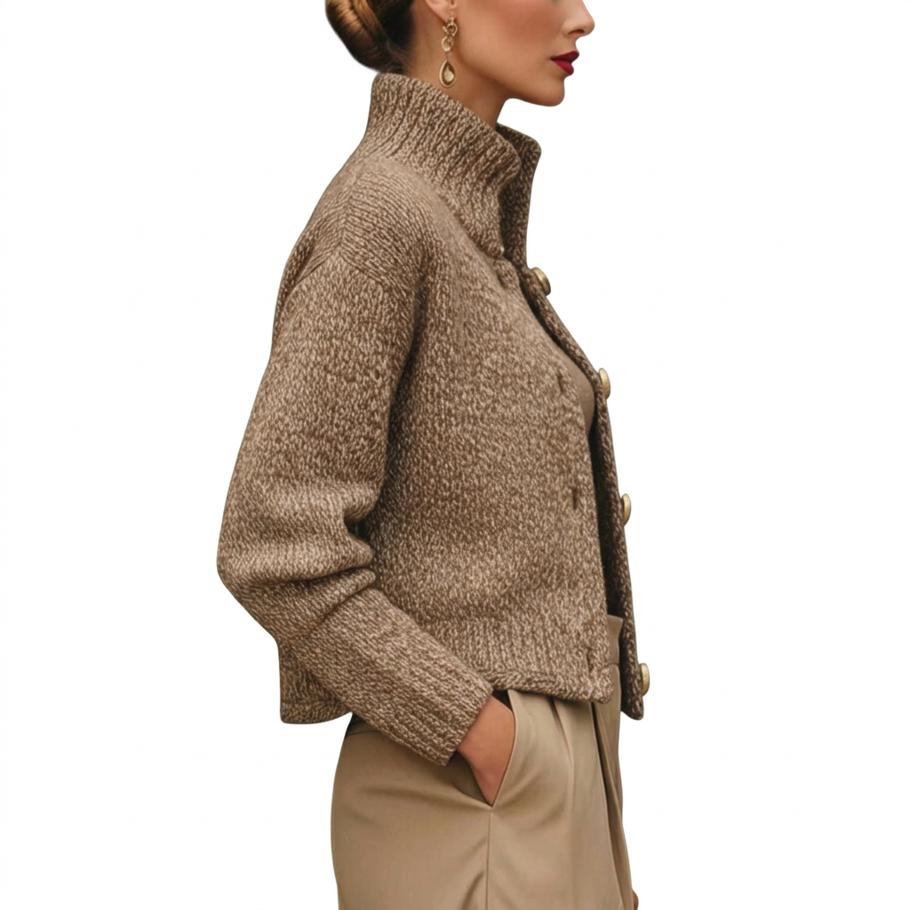 Women's Cropped Knit Cardigan with Stand Collar and Button Front