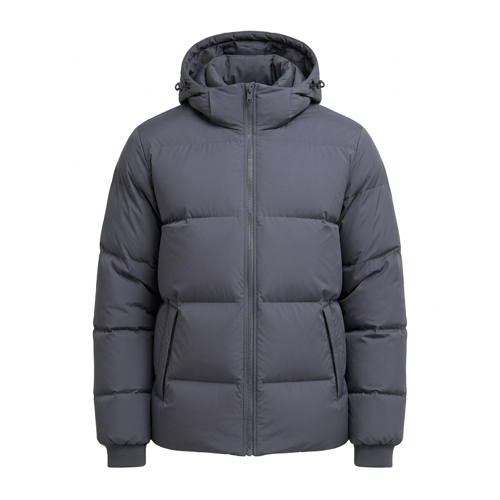 Men's Hooded Puffer Jacket with Zip Pockets and Ribbed Cuffs