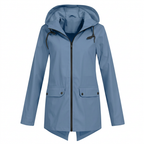 Blue hooded rain jacket