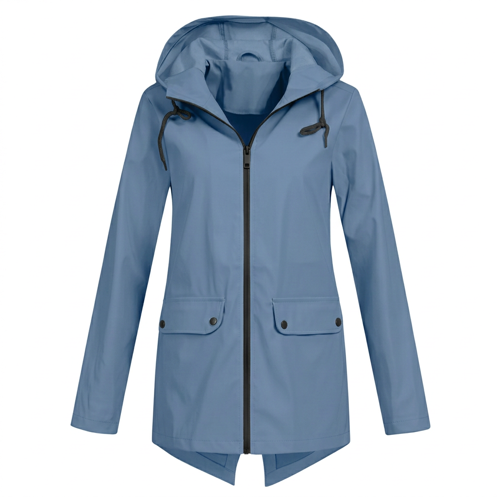 Blue hooded rain jacket