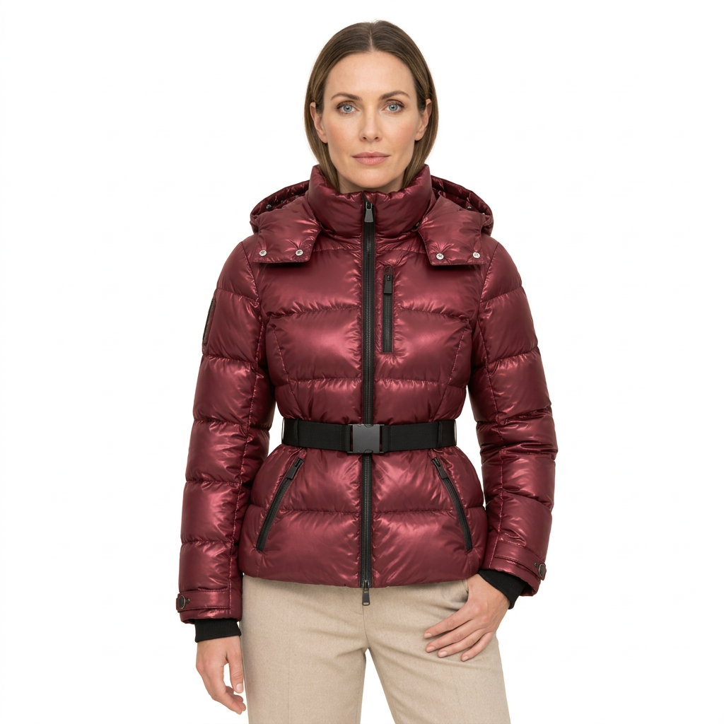 Women's Belted Puffer Jacket with Detachable Hood and Zipped Pockets