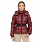 Women's Belted Puffer Jacket with Detachable Hood and Zipped Pockets