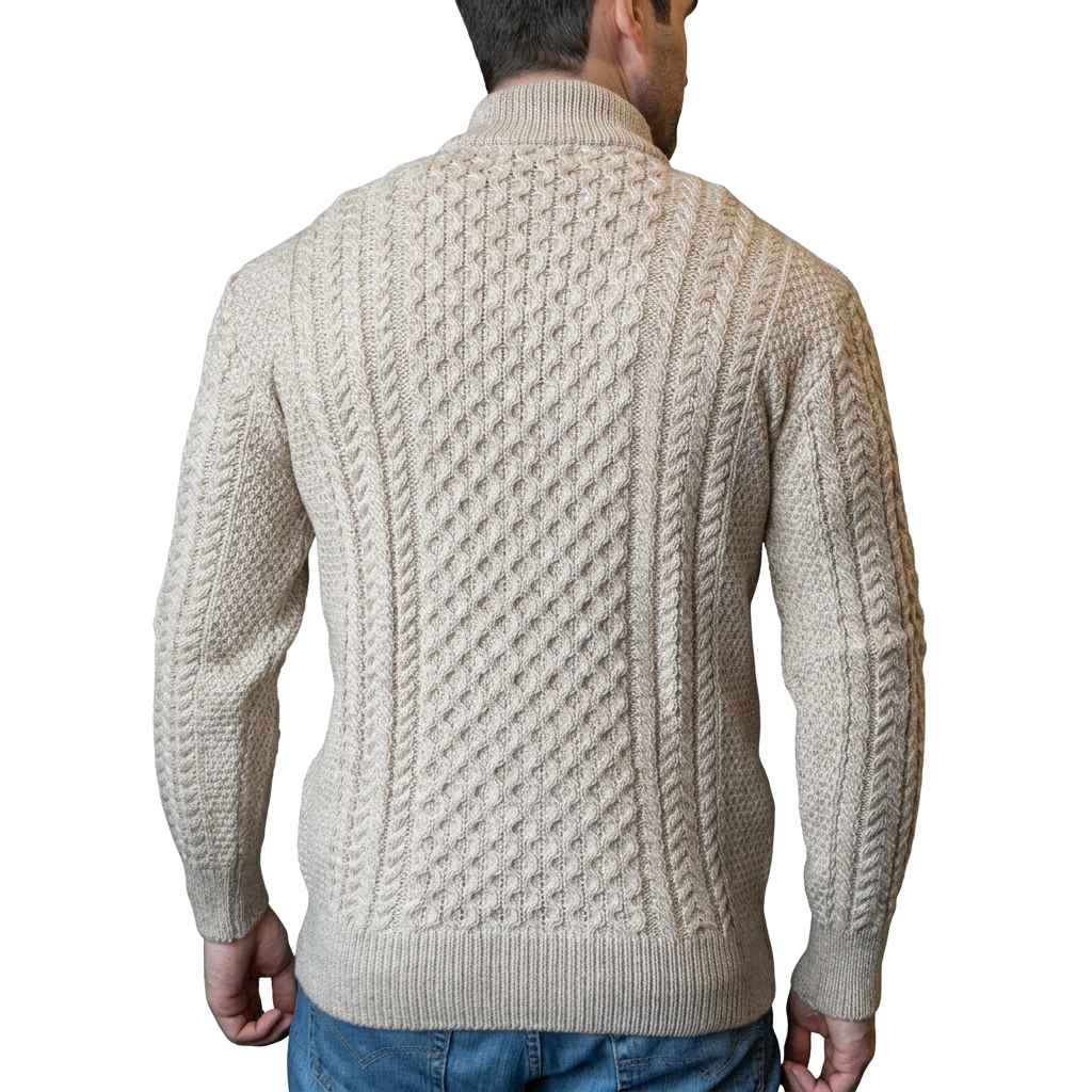 Men’s Half-Zip Jumper in Merino Wool with Aran Pattern for Warmth