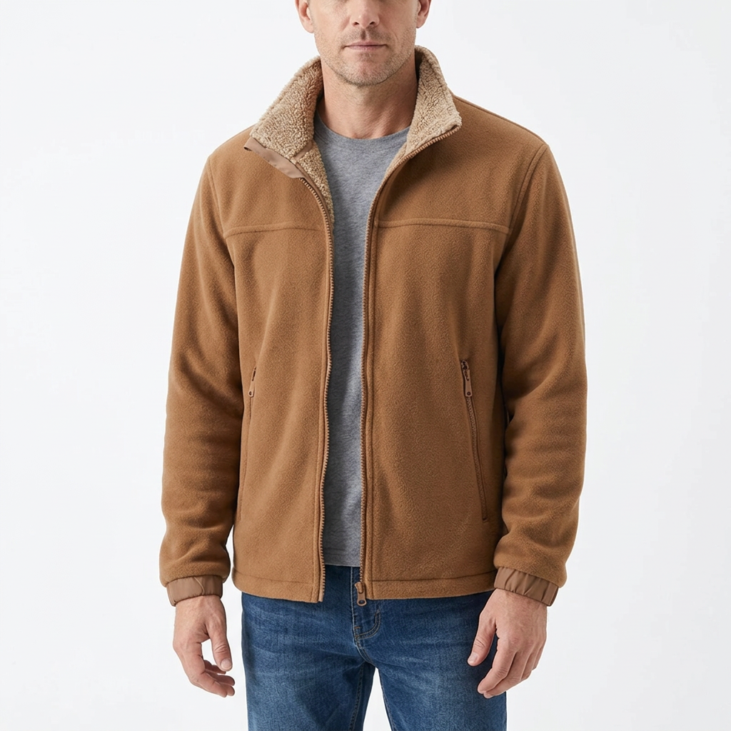 Man modelling caramel sherpa-lined fleece jacket