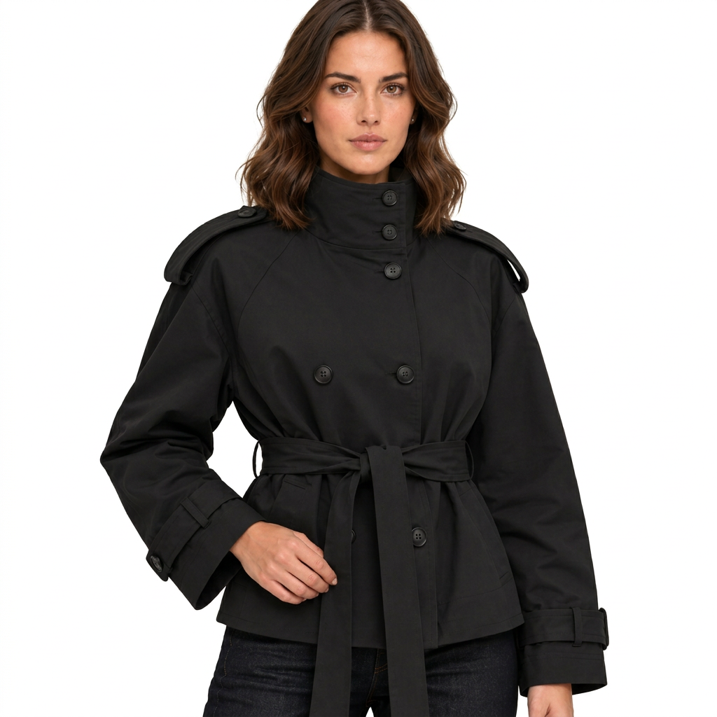 Women's Cropped Double Breasted Trench Jacket with Belt