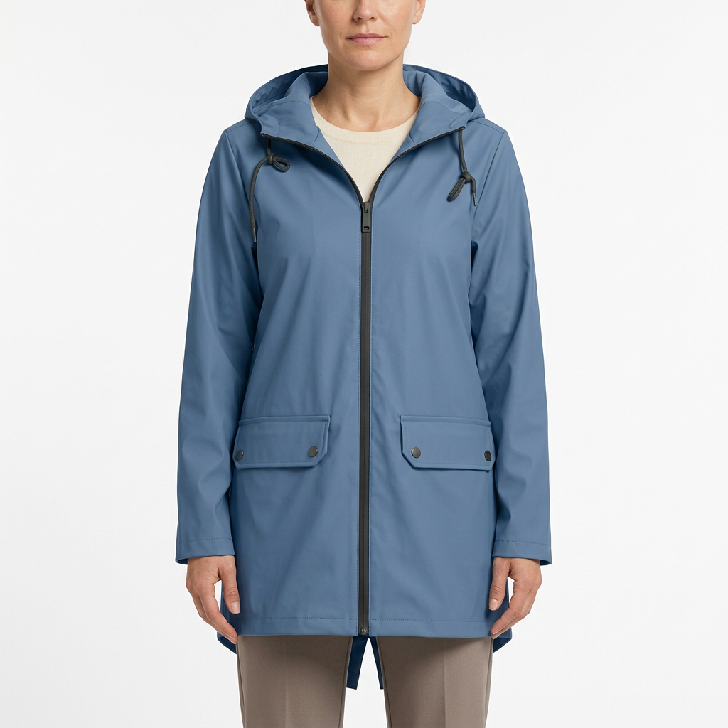Woman modelling blue hooded rain jacket