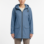 Woman modelling blue hooded rain jacket