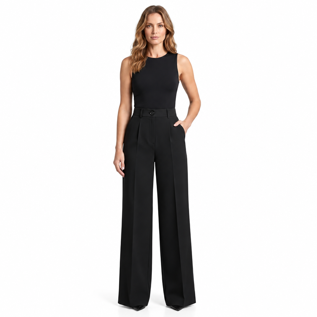 Woman modelling black tailored trousers