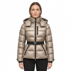 Women's Belted Puffer Jacket with Detachable Hood and Zipped Pockets