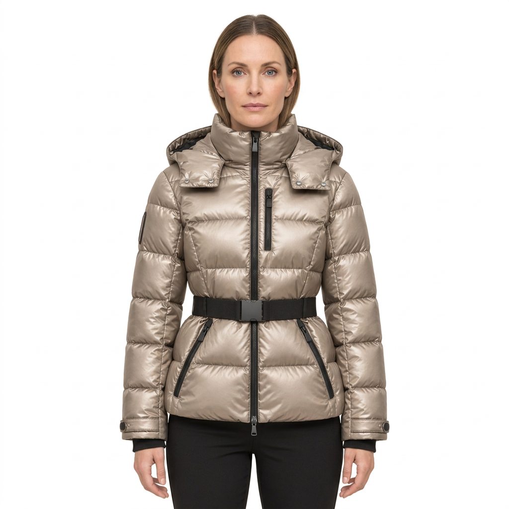 Women's Belted Puffer Jacket with Detachable Hood and Zipped Pockets