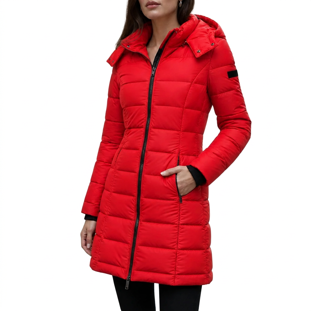 Women's Mid-Length Quilted Puffer Jacket with Detachable Hood