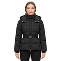 Women's Belted Puffer Jacket with Detachable Hood and Zipped Pockets