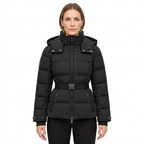 Women's Belted Puffer Jacket with Detachable Hood and Zipped Pockets