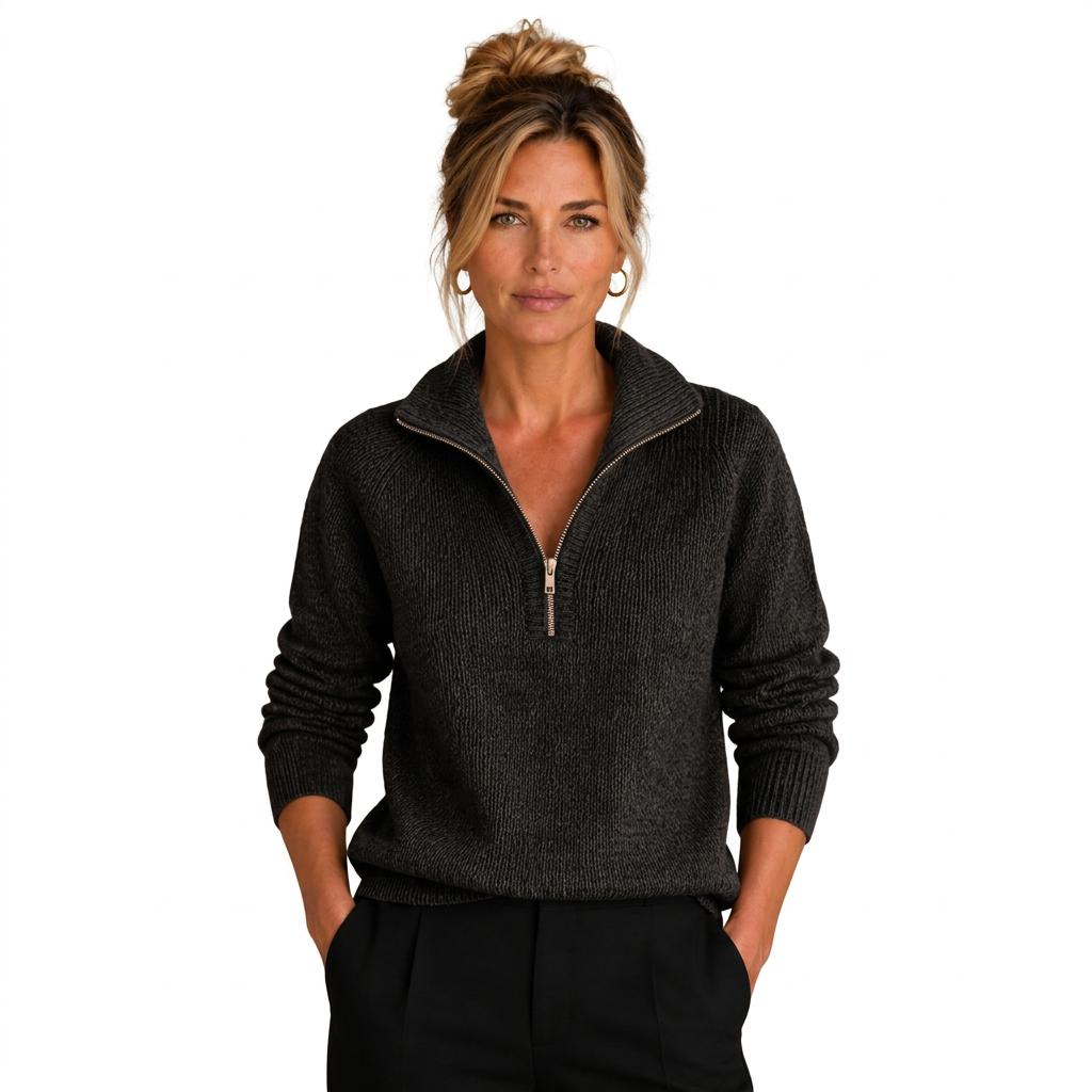 Women's Cashmere-Look Half-Zip Knitted Pullover Sweater with Long Sleeves