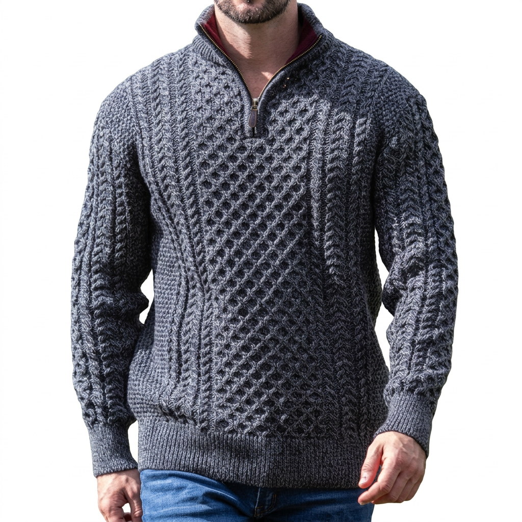 Men’s Half-Zip Jumper in Merino Wool with Aran Pattern for Warmth