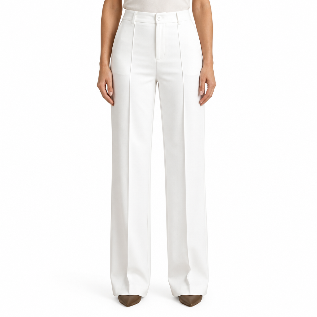 White trousers on model, waist-to-shoes view