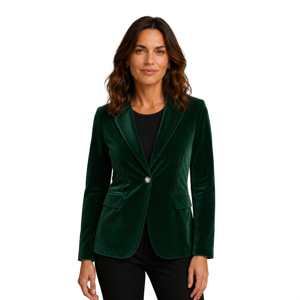 Green velvet blazer on white background