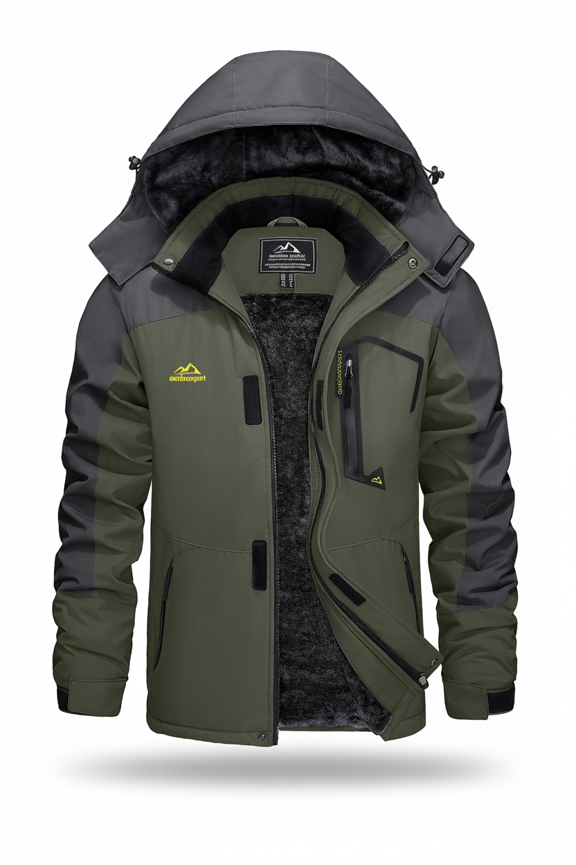 Men's hooded winter fleece lined jacket on a white background