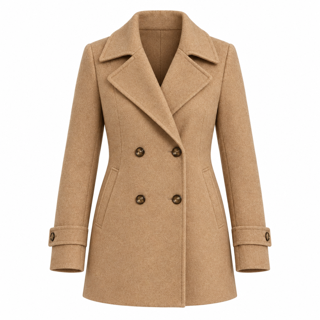 Women's Short Tailored Pea Coat - Double-Breasted, Wrinkle-Resistant