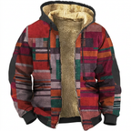 Red patchwork hooded jacket on white background