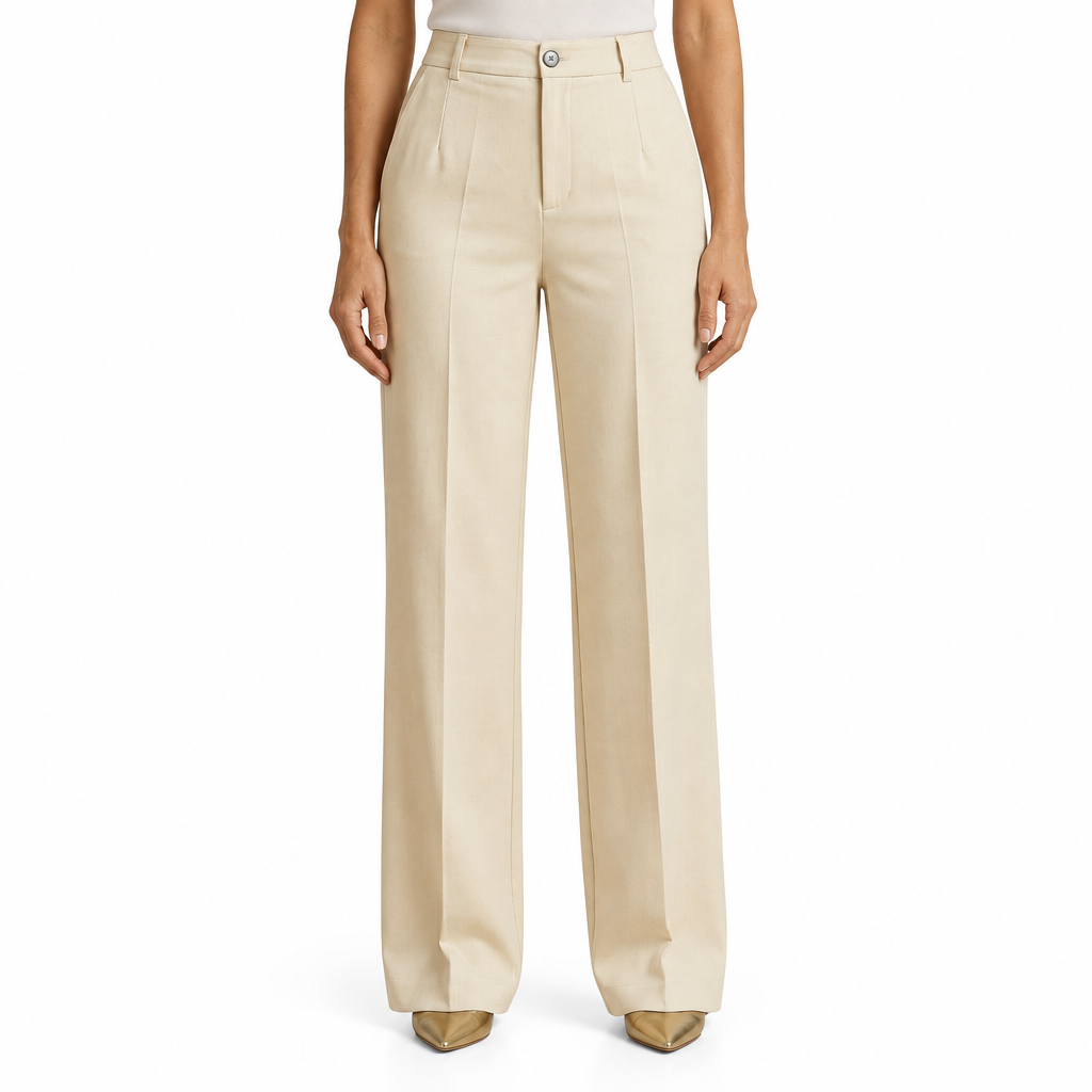 Beige trousers on model, waist-to-shoes view