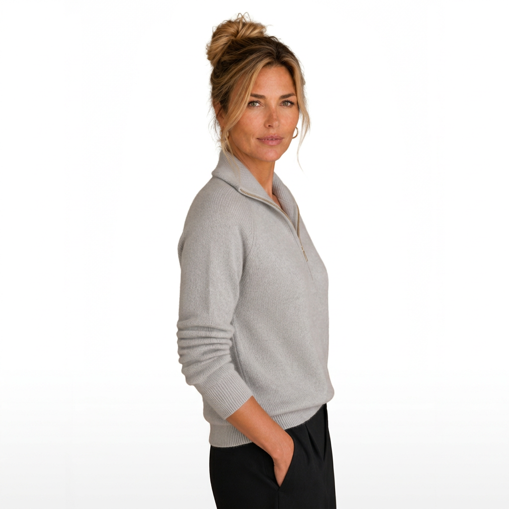 Women's Cashmere-Look Half-Zip Knitted Pullover Sweater with Long Sleeves
