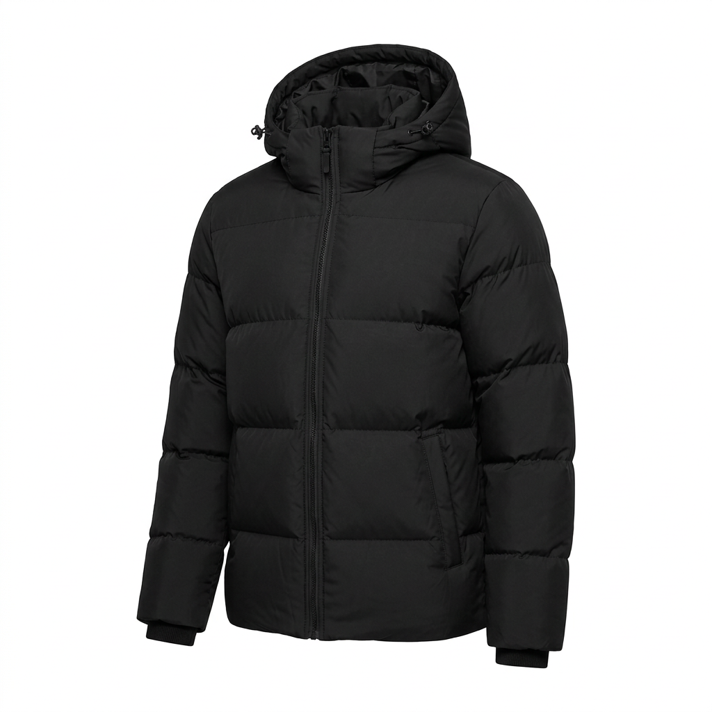 Men's Hooded Puffer Jacket with Zip Pockets and Ribbed Cuffs