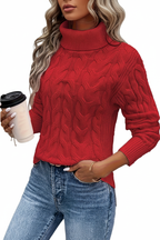 High-Neck Cable Sweater - Red