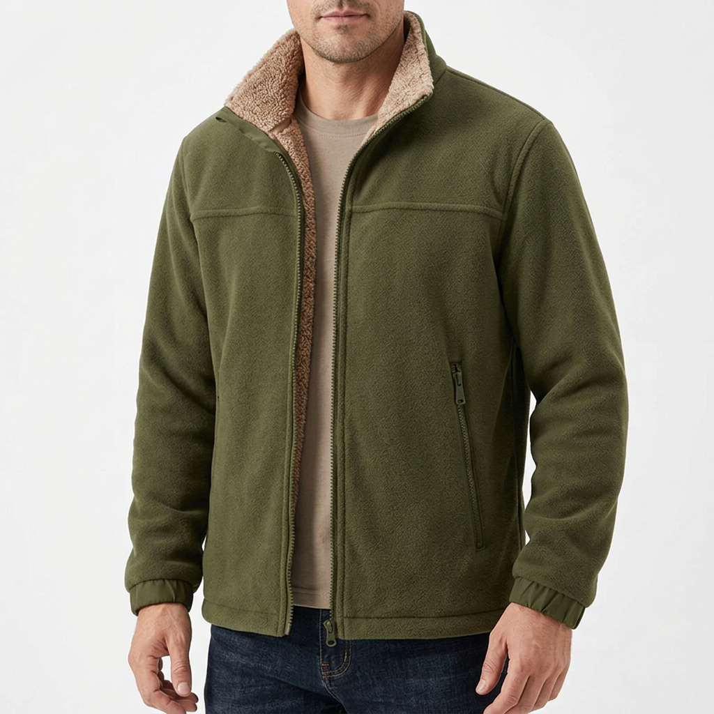 Man modelling khaki green sherpa-lined fleece jacket