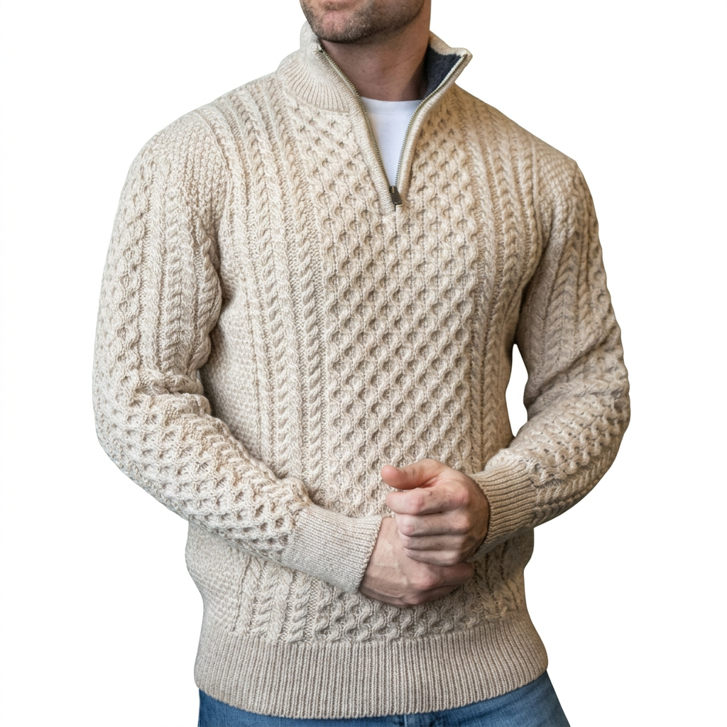 Men’s Half-Zip Jumper in Merino Wool with Aran Pattern for Warmth