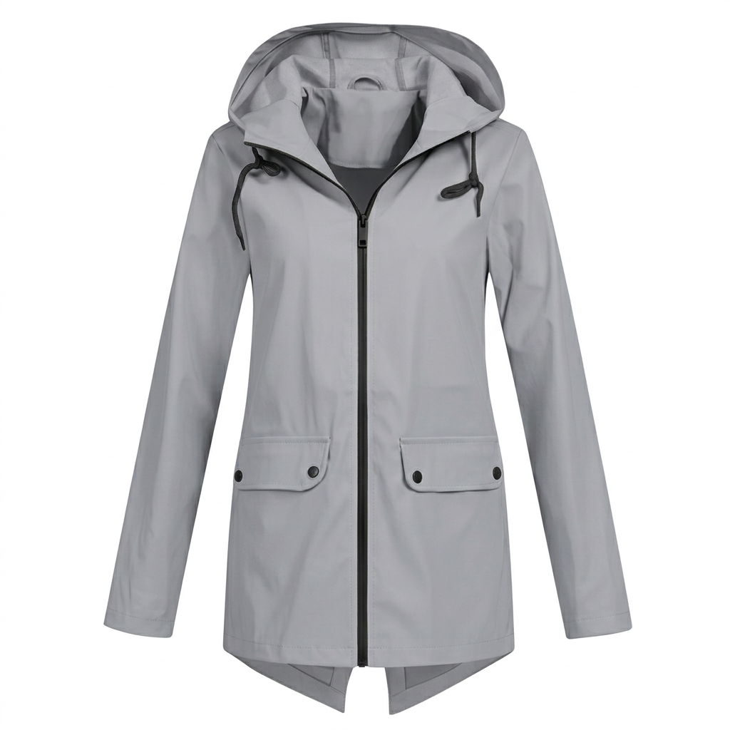 Gray hooded rain jacket