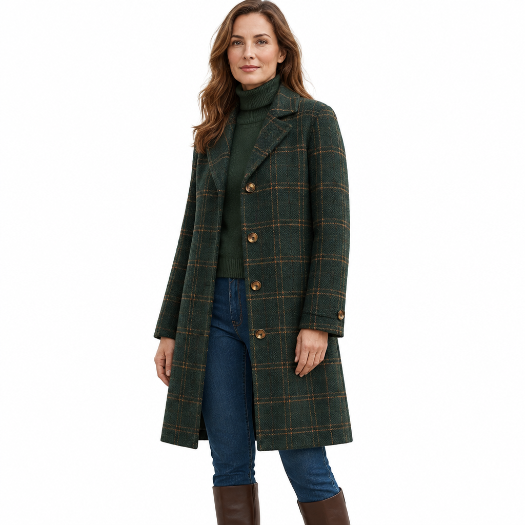 Women's Long Checked Coat - Fitted Button-Up Winter Outerwear