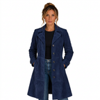 Navy suede longline coat, front view on white background