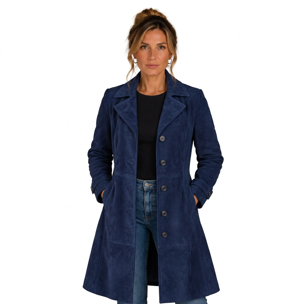 Navy suede longline coat, front view on white background