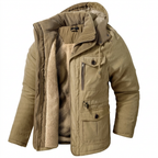 Khaki fleece-lined winter parka on white background
