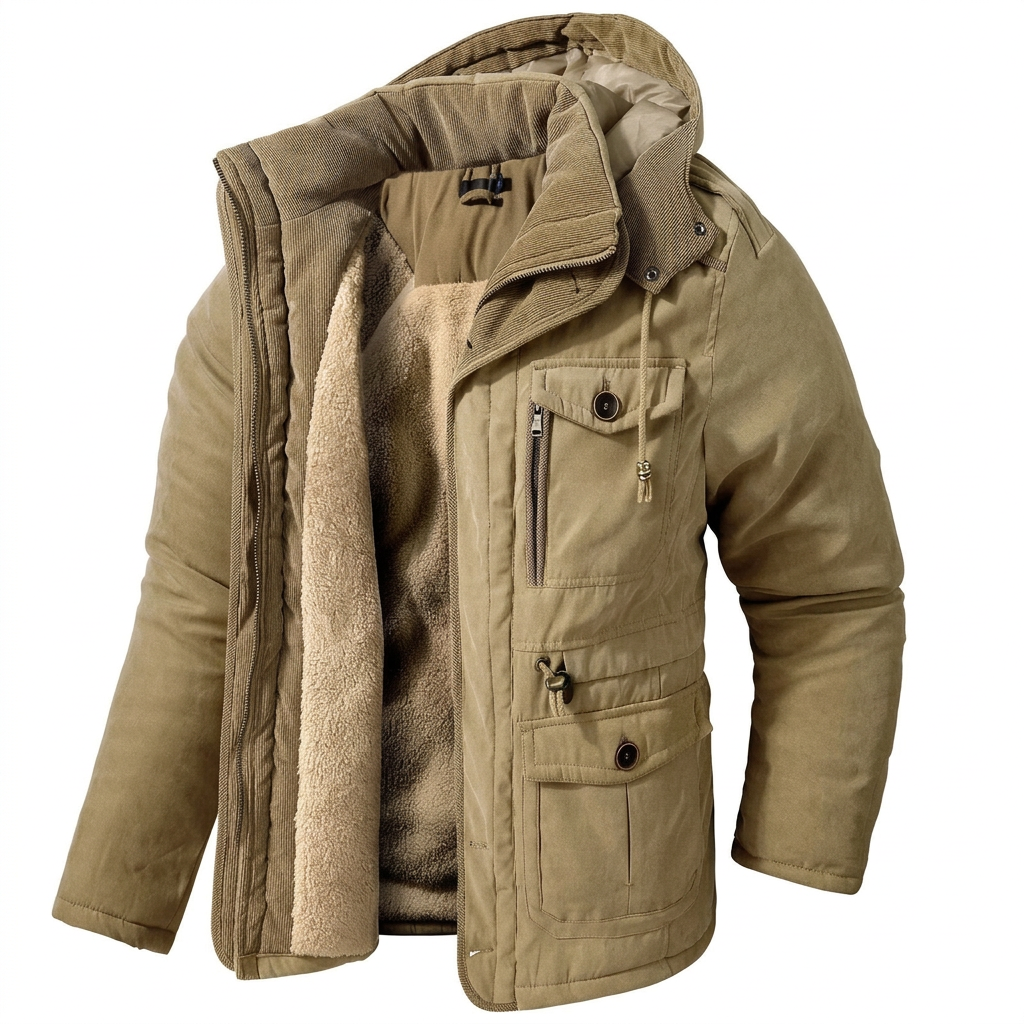 Khaki fleece-lined winter parka on white background