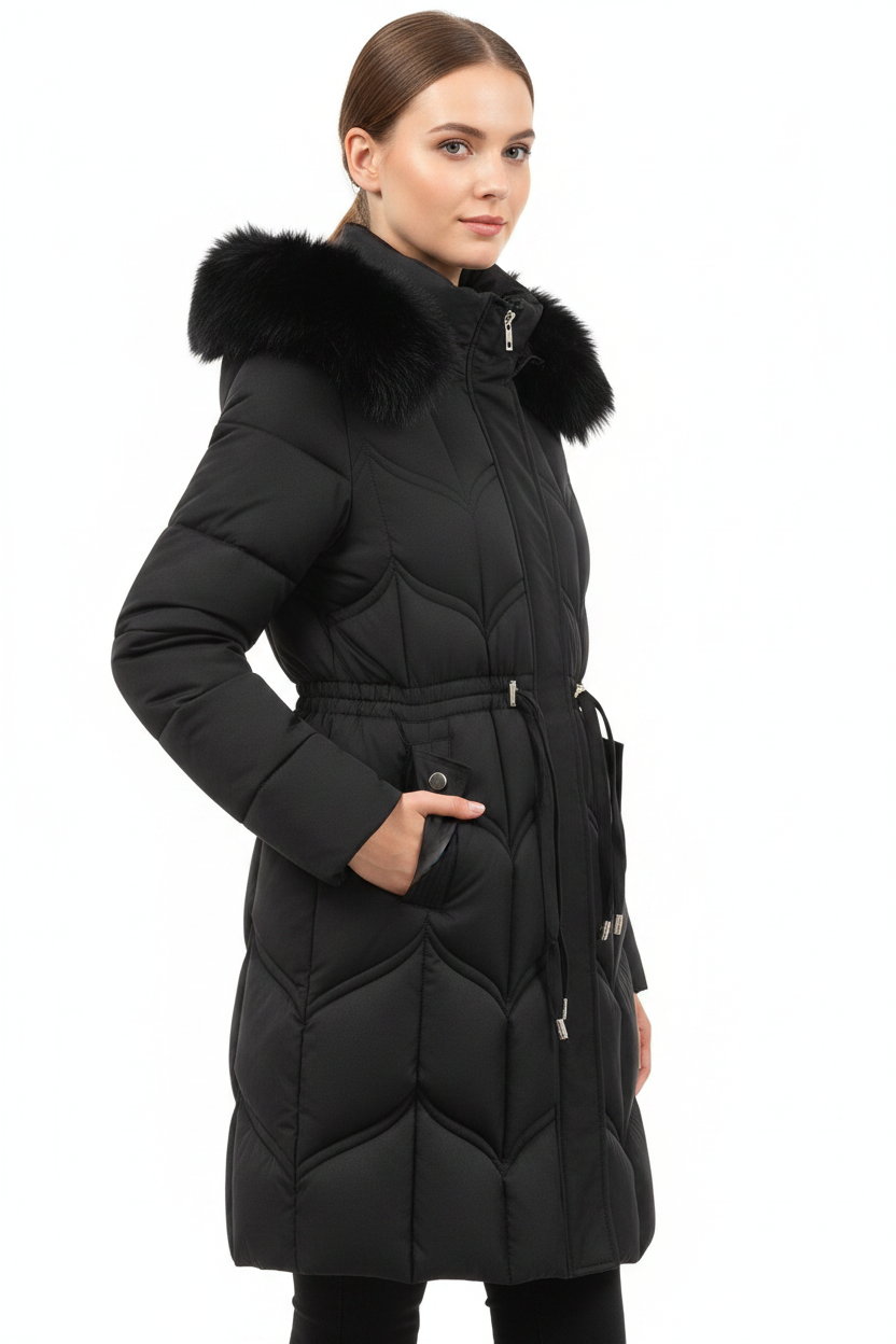 Women's Long-Sleeve Faux Puffer Jacket - modell trekvartsvinkel