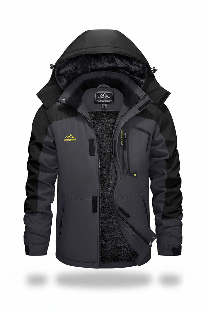 Men's hooded winter fleece lined jacket on a white background
